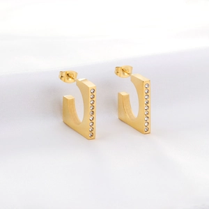 Geometric Hoop Earrings Gold Plated Stainless Steel Rectangular Cubic Zirconia Minimalist Jewelry For Women Modern Style