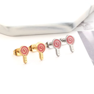 Lollipop shape stud earrings with pink enamel and spiral texture in gold and silver