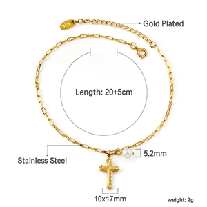 Detail showing gold plated stainless steel anklet with cross pendant and pearl charm