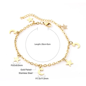 Detail view of gold-plated stainless steel star and moon anklet with measurements