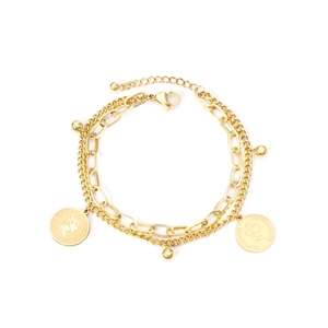 Golden double-layer geometric bracelet with Elizabeth II coin charms and metal beads