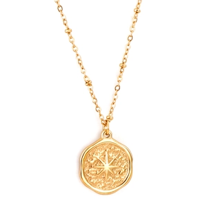 Vintage gold stainless steel necklace with round lucky star coin pendant for women