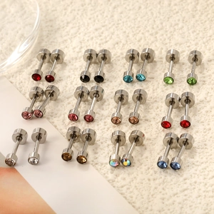 Set of 12 pairs colorful rhinestone stud earrings in silver stainless steel finish