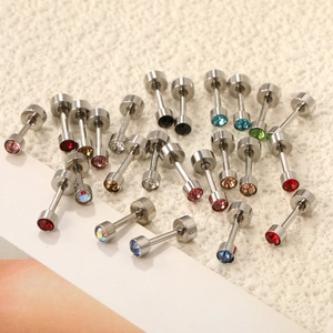 Classic stainless steel stud earrings set with colorful round zircon crystal inlays