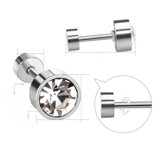 Macro view of stainless steel twist stud earring with 3mm clear zircon crystal detail