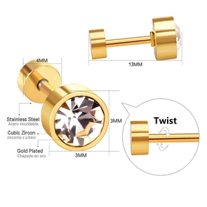 Detail showing 3mm white zircon studs and twist back closure in gold plated steel