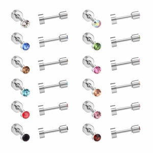 Macro display of 12-color variety stainless steel barbell earrings with crystal studs