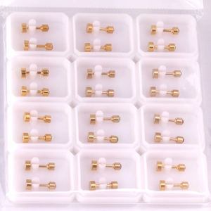 Set of 12 pairs of gold stainless steel barbell studs with colorful crystal stones