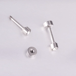 Macro shot of silver stainless steel screw stud earrings with clear zircon stones