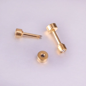 Macro shot showing the screw-in mechanism and gold finish of the cylinder stud earrings