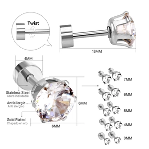 Detailed view of silver stainless steel cubic zirconia stud earrings with screw backs