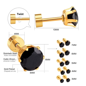 Macro detail of gold plated stainless steel stud earrings with black cubic zirconia stones