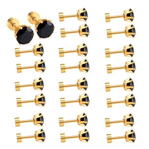 Set of 11 pairs of black round cubic zirconia stud earrings with gold claw settings