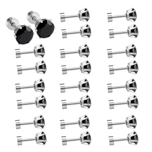 Detail of 24 black zircon stud earrings with silver six-prong setting and screw backs