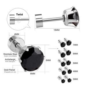 Detailed size comparison of black cubic zirconia stainless steel stud earrings with screw backs