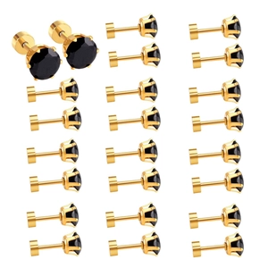 Minimalist gold screw stud earrings with round black stones displayed in a neat array