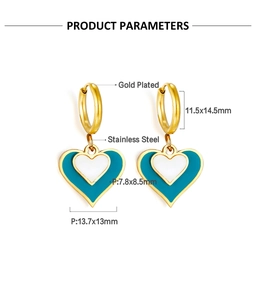 Detailed product parameters of double heart earrings with blue and white enamel contrast