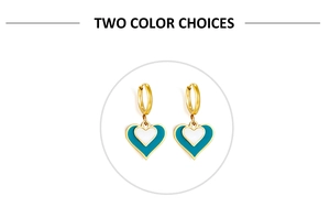 Detail of gold heart earrings featuring blue and white oil drip pendants on circular hoops