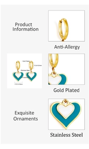 Macro detail of gold plated stainless steel heart earrings with size specifications