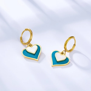 Gold double layered heart earrings with blue and white enamel charms for women