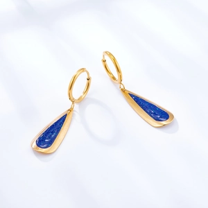 Golden heart hoops with navy blue glitter water drop pendants on white background