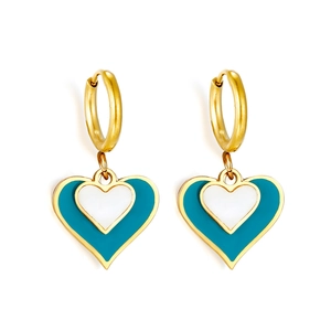 Double-layer heart drop earrings in gold stainless steel with blue and white enamel inlay