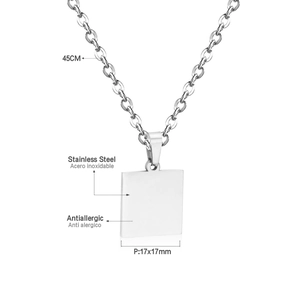 Detailed specs showing 45cm stainless steel chain and 17x17mm square pendant detail