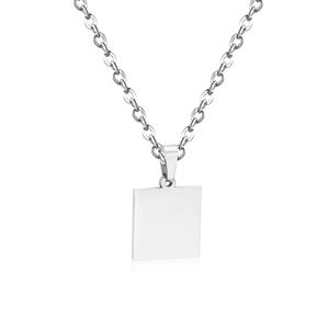 Close-up of square stainless steel pendant with polished finish on a silver cable chain