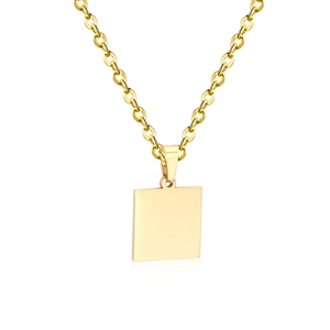 Detailed close-up of a square gold pendant with polished finish on a classic link chain