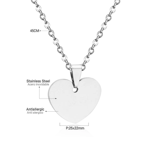 Polished heart pendant details with dimensions 25x22mm and 45cm chain length