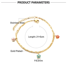 Detail of gold plated stainless steel anklet with colorful enamel flower pendants