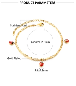 Detailed dimensions of stainless steel ladybug anklet with 21+5cm chain and 6x7.3mm charms