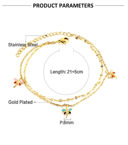 Detailed view of double-layer stainless steel anklet with colorful enamel dragonfly charms