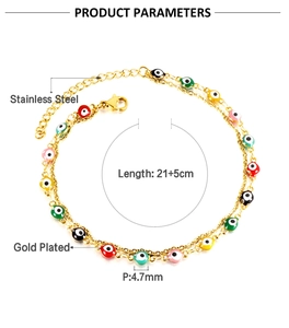 Detailed view of gold plated double-layer stainless steel anklet with colorful evil eye beads