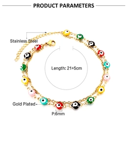 Detail of gold plated stainless steel anklet with colorful evil eye charms and chain length