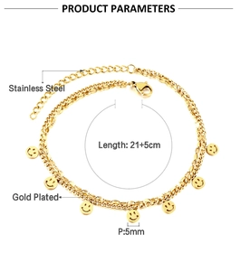 Detailed view of gold plated stainless steel double layer anklet with smiley face charms