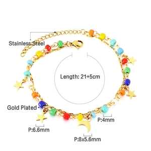 Detail view of double-layer gold plated stainless steel anklet with multi-colored beads