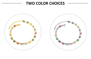 Dual layer evil eye anklet featuring multi-colored beads in gold and silver finish