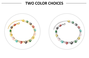 Detail of gold and silver double-layer evil eye anklets with colorful enamel beads