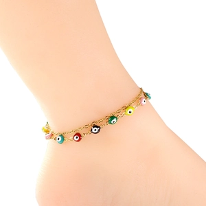 Double-layered gold evil eye anklet with colorful enamel charms for women beach wear