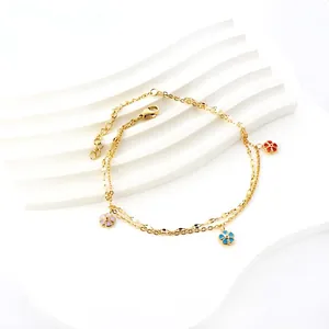 Double Layer Anklet Stainless Steel Gold Plated Colorful Enamel Flower Dragonfly Ladybug Charms Beach Jewelry For Women