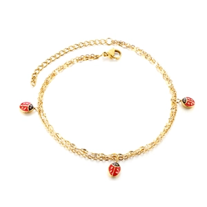 Gold double-layer stainless steel anklet with three colorful ladybug charms for women