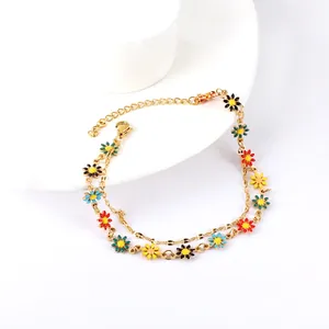 Double Layer Anklets Stainless Steel Gold Plated Multi Color Evil Eye Daisy Smiley Face Beach Boho Jewelry For Women