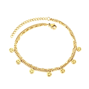 Double-layer gold stainless steel anklet with flat snake chain and smiley face charms