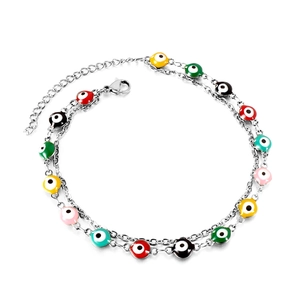 Double-layer stainless steel anklet with colorful evil eye charms and daisy accents