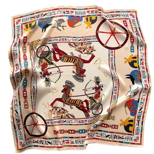 Luxurious Egyptian art silk scarf featuring chariot and warrior patterns in beige