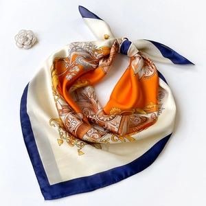 Elegant floral print square silk scarf with vintage crest pattern and camellia brooch
