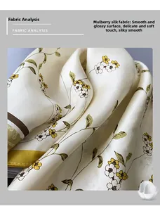 Close-up of premium floral mulberry silk scarf featuring creamy white base and soft sheen
