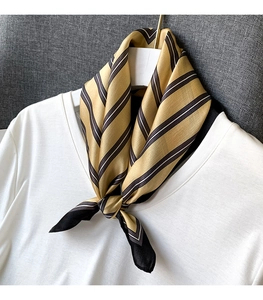 Close-up of champagne and black striped silk scarf knotted on a white v-neck t-shirt
