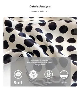 Detailed view of the smooth mulberry silk fabric texture with classic black polka dots
